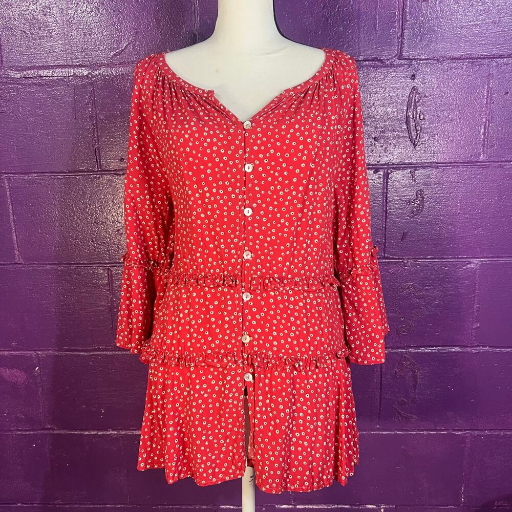 BeachLunchLounge Red Floral Boho Mini Dress Tunic Button Down Size Medium